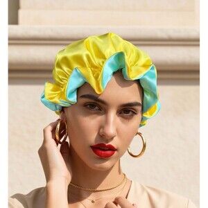 Reversible Satin Sleep Bonnet – Blue & Yellow– Extra Large, Elastic Fit